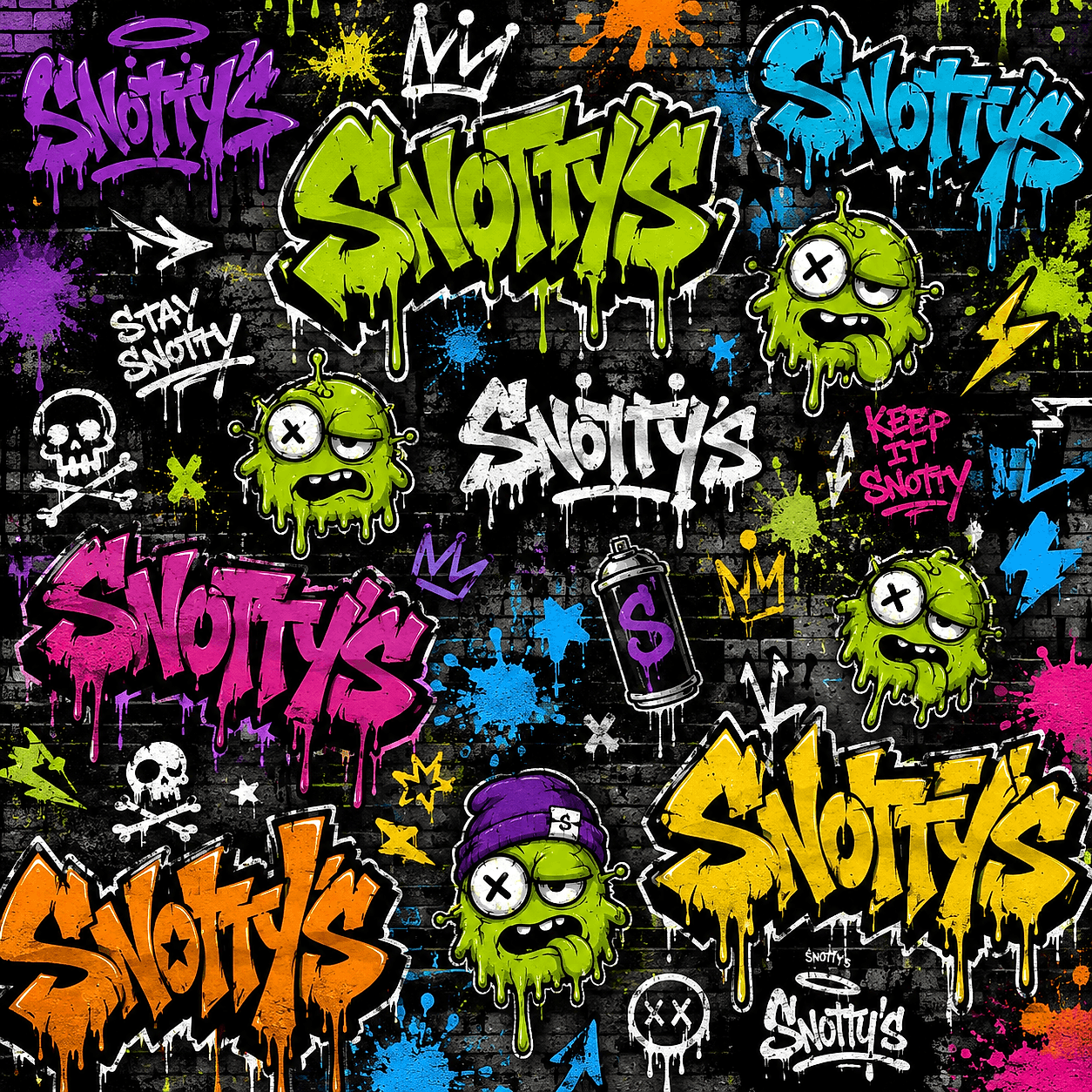 Every tag the crew left on the sewer wall before the paint dried — graffiti collages, sticker bombs, and all-over filth. Loud, gross, and 100% ours.