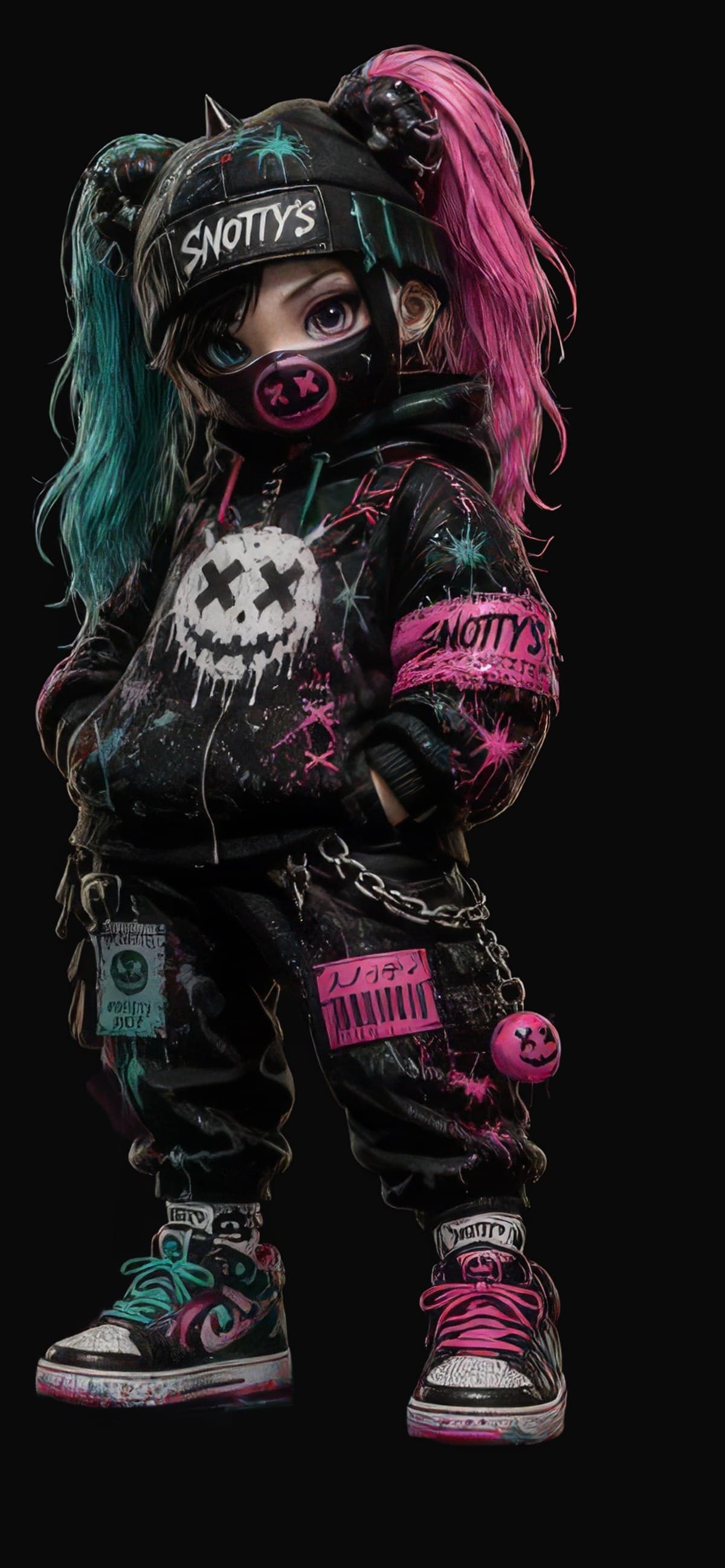 The store's first human-style Toxic Creator units — the punk kids the factory swears aren't the founder. Pink hair, gas masks, and another wrong guess apiece. Design. Print. Disrupt. Repeat.