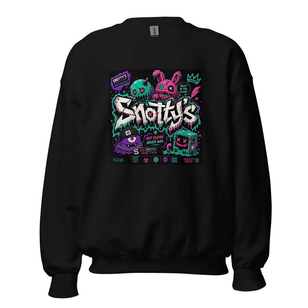 Graffiti Snotty's wordmark surrounded by the crew — pink bunny, teal orb, purple cyclops — captioned Not Clean, Never Was