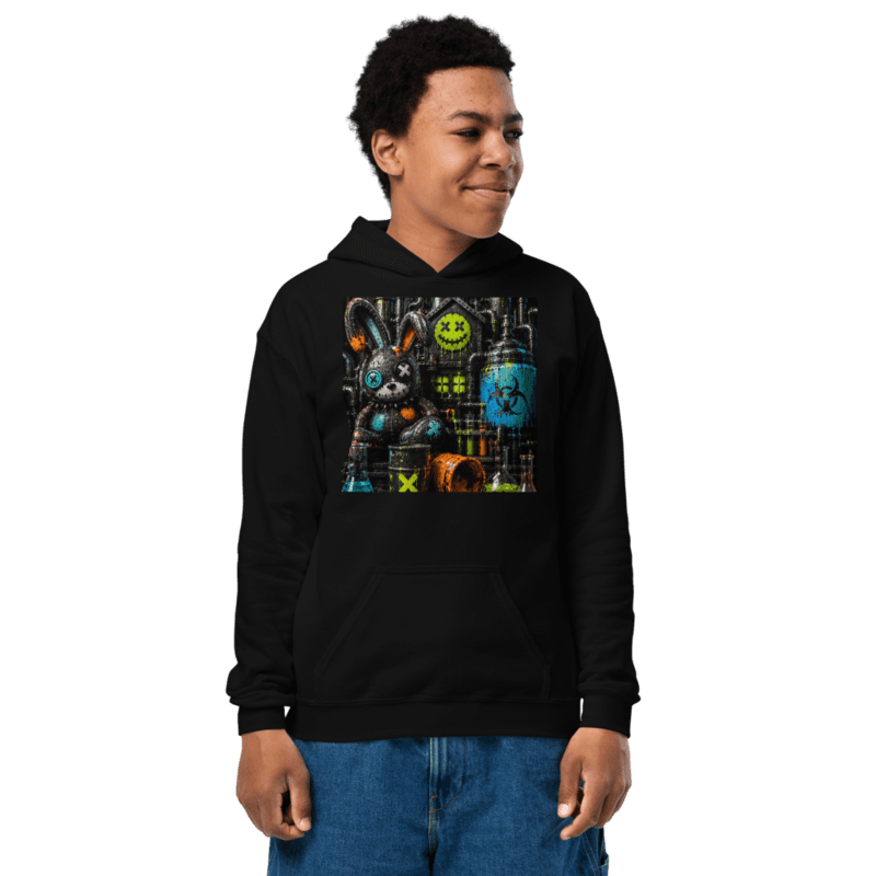 Black youth hoodie with the Bunny Lab print