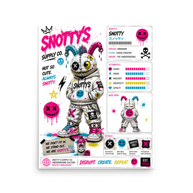 Matte 16×20 poster of the CMYK stitched Chaos Bunny with pink and blue horns on a white splatter spec sheet