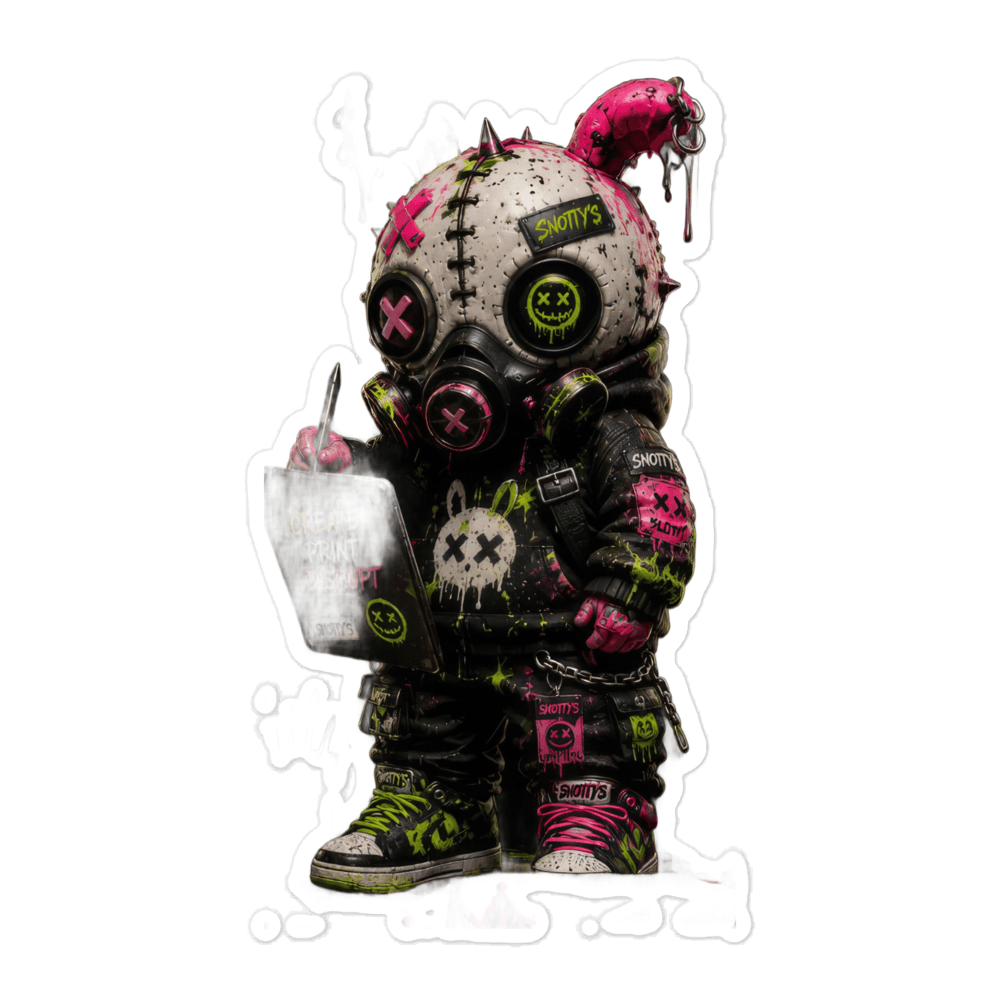 Kiss-cut sticker of the spiked gas-mask figure holding a CREATE PRINT DISRUPT tablet