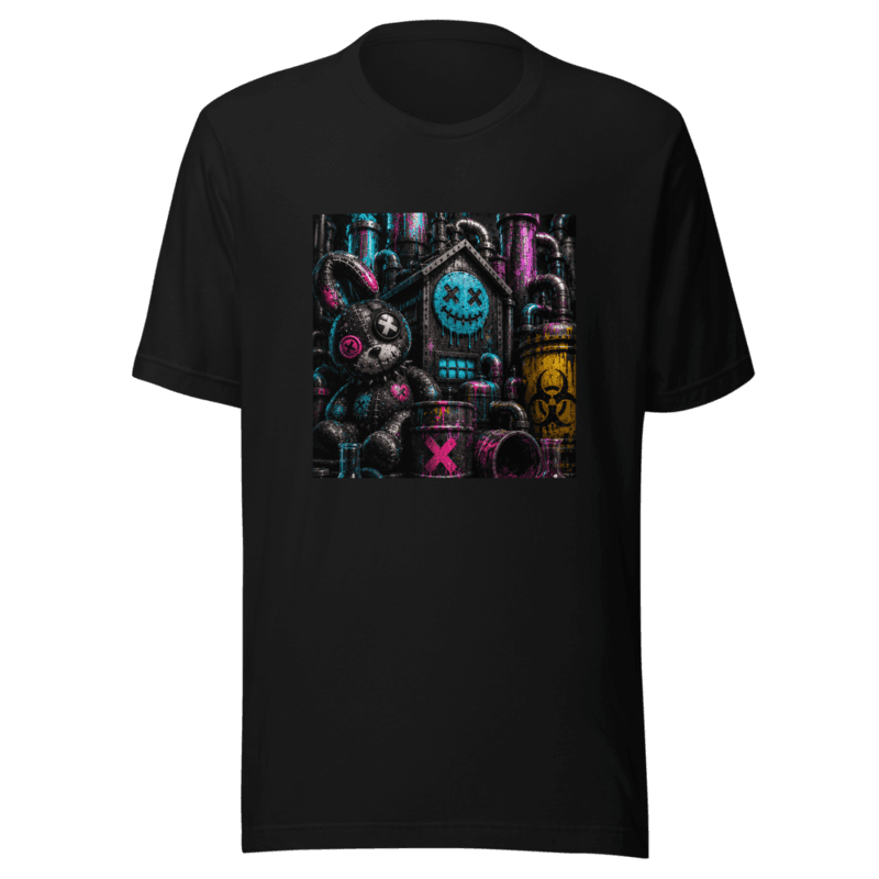 Patch bunny in cyan and pink colorway with biohazard barrel