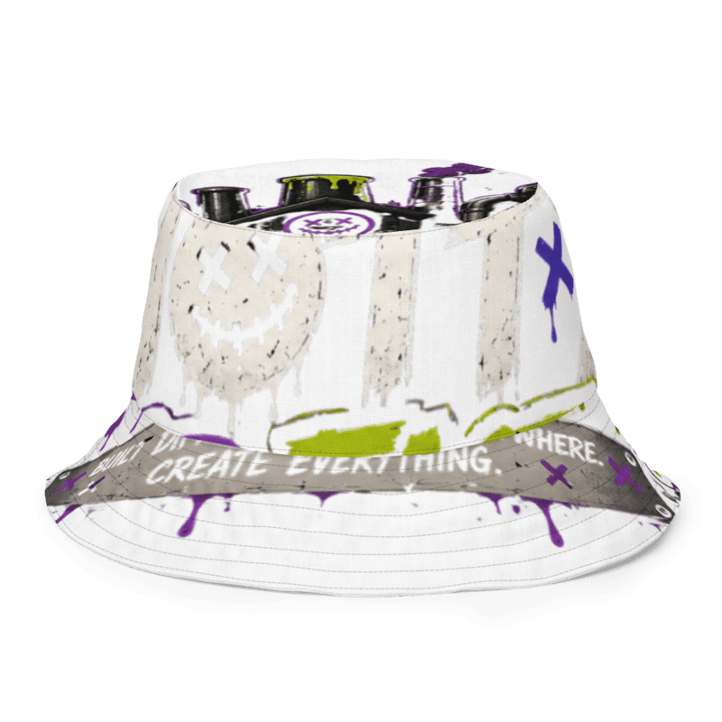 Reversible bucket hat printed all over with the Snotty's Drip Factory logo — dripping letters and factory smokestacks