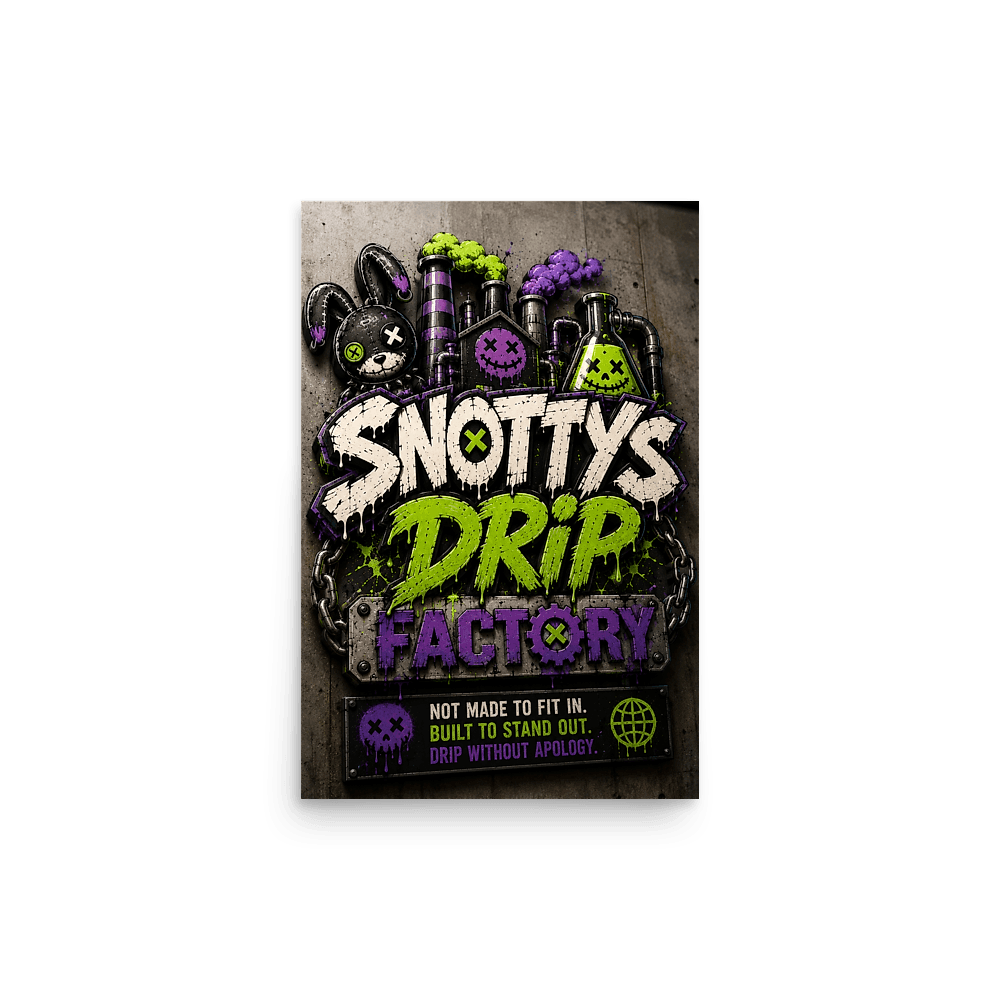 Matte wall poster of the sculpted 3D Snotty's Drip Factory crest