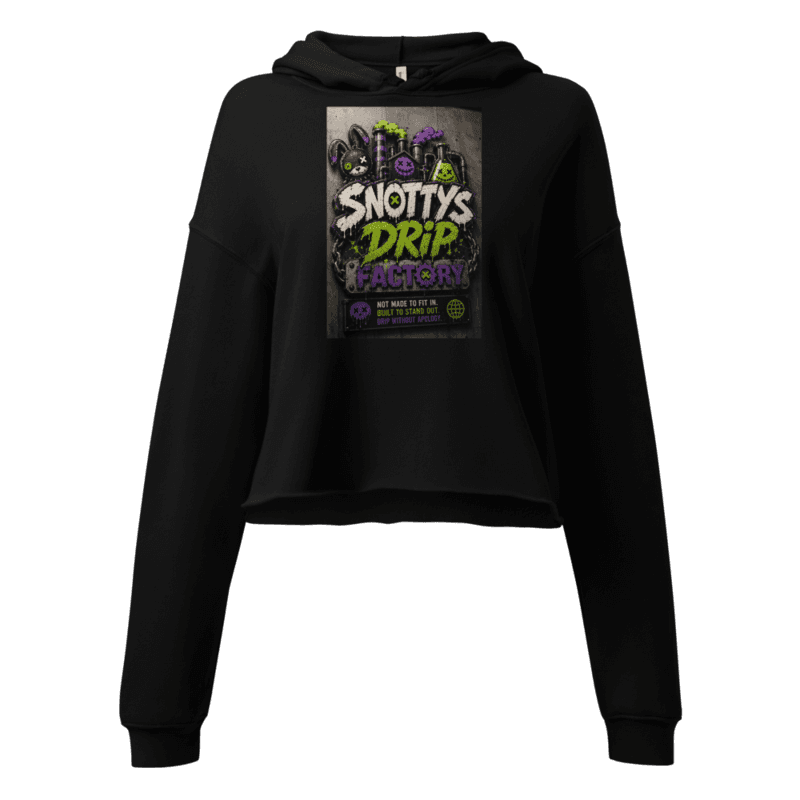 Black women's cropped hoodie with the Drip Factory Crest print
