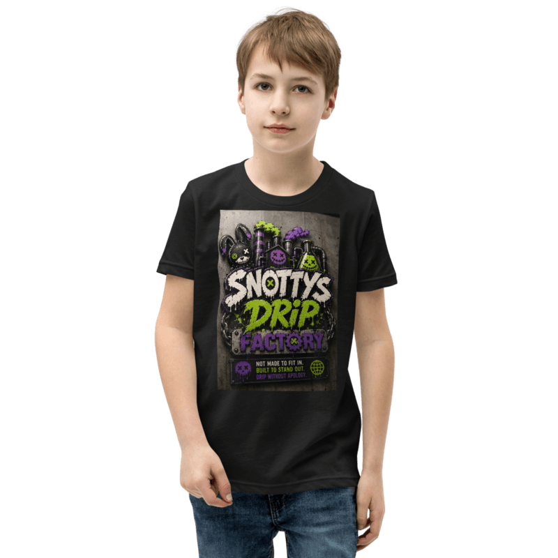 Black youth tee with the Drip Factory Crest print