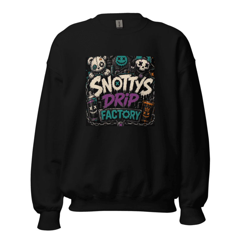 Snotty's Drip Factory logo with stitched teddy and skull kid in teal cap