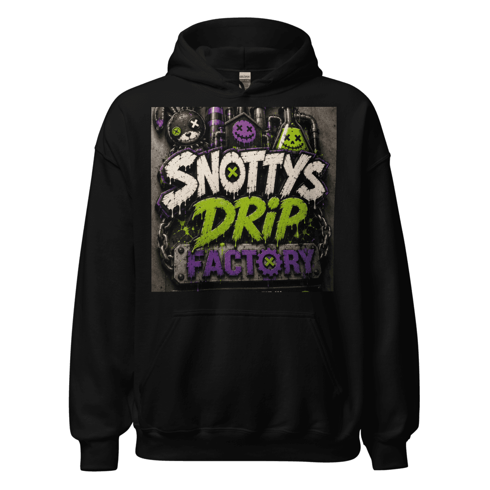 Black hoodie printed with a sculpted 3D Snotty's Drip Factory lockup — stitched letters, chains, and dripping slime on concrete