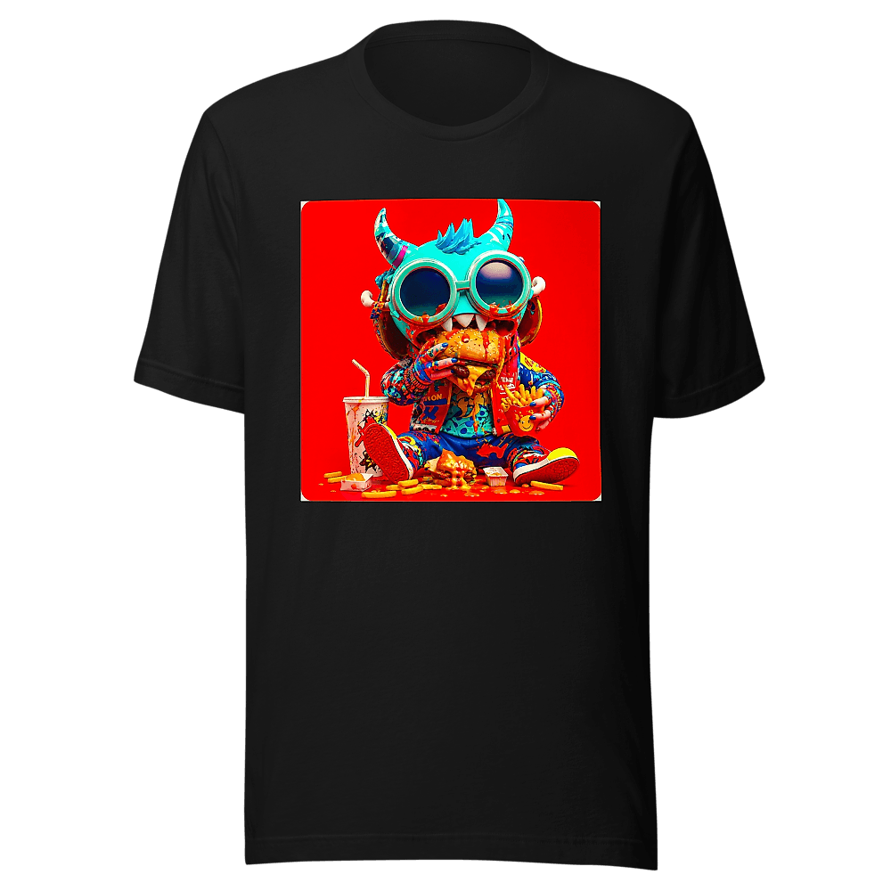 Black tee printed with Fuse — a teal horned figure in goggles mid-burger on a red poster print