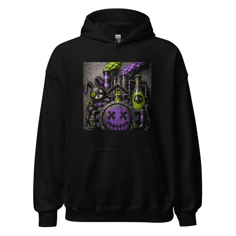 Purple XX gear smiley with black stitched bunny and toxic flask on concrete
