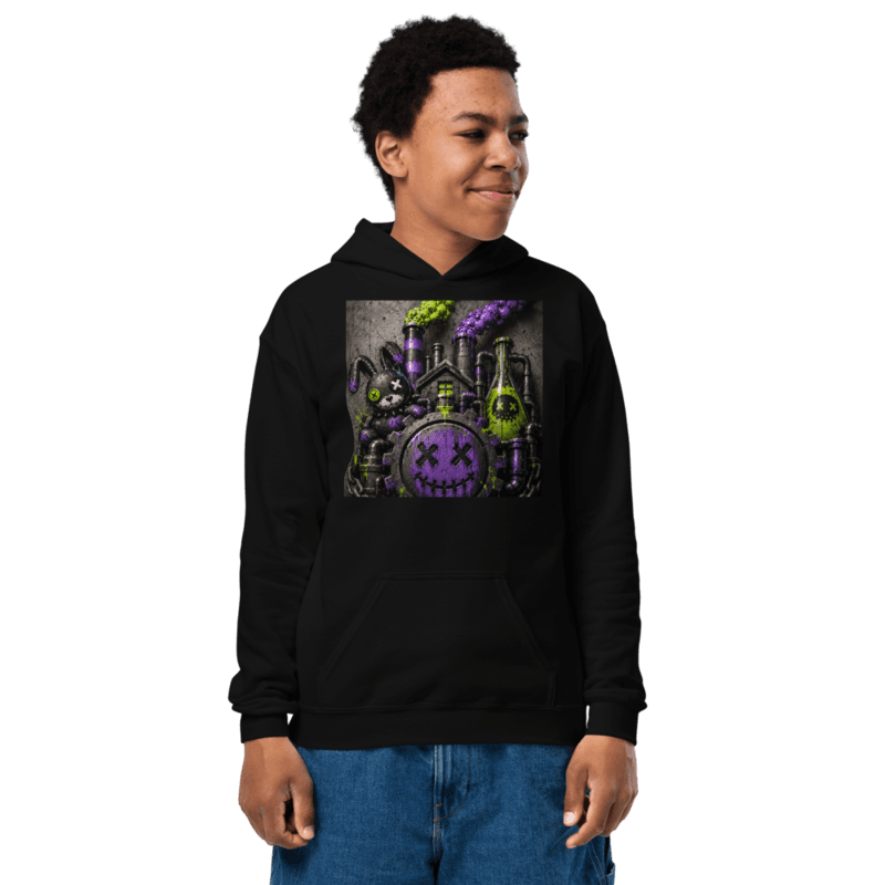 Black youth hoodie with the Gear Smiley print