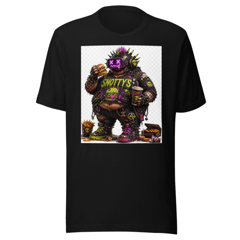Gutz, the biggest member of the crew, in a neon XX visor with a burger and a Snotty's cup