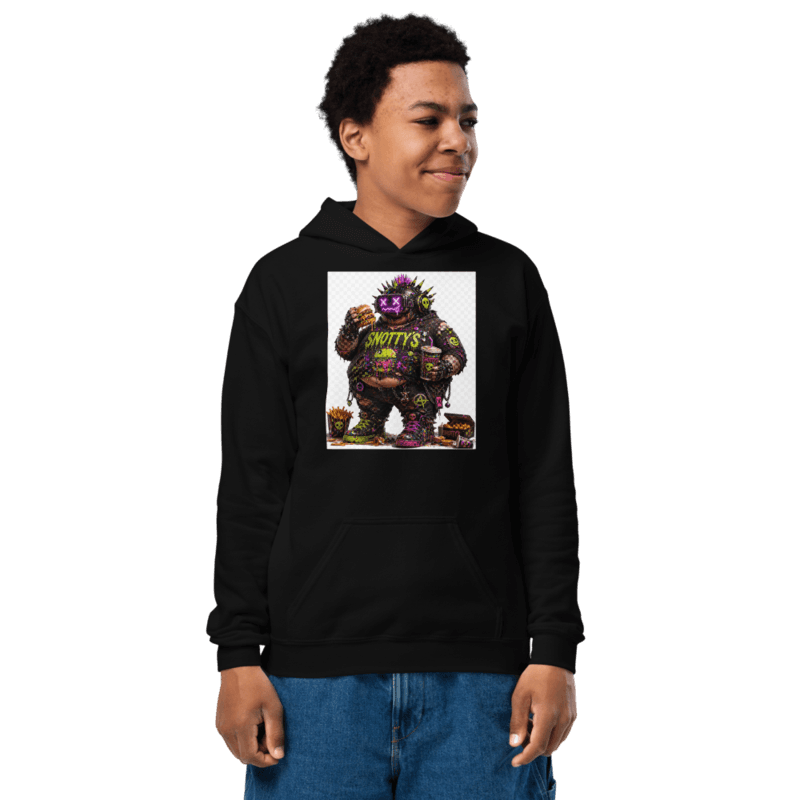Black youth hoodie with the Gutz print