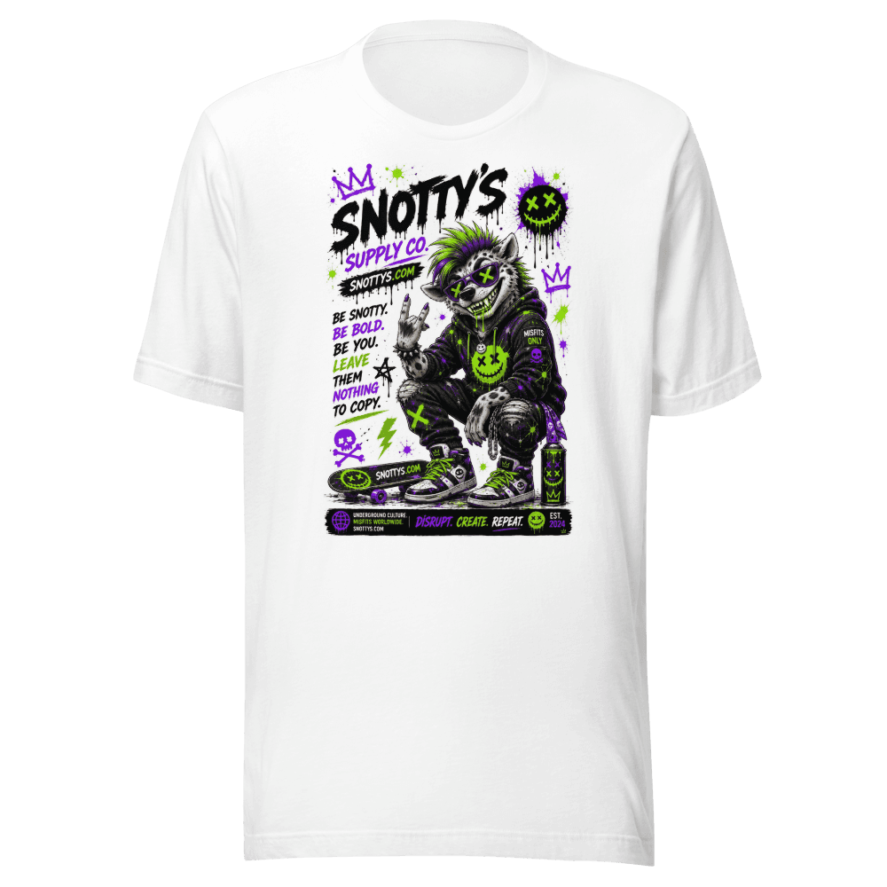 White tee printed with the sunglasses-wearing Hyena throwing horns