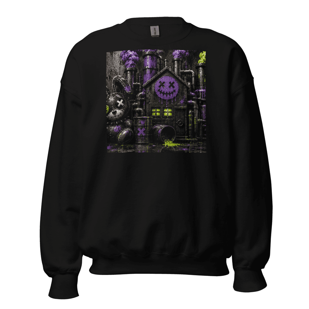 Black crewneck printed with a purple-and-lime photoreal factory scene — stitched bunny beside the smiley factory house at night