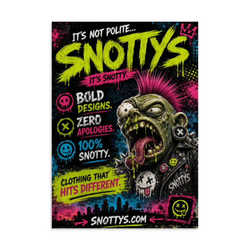Matte A3 poster of a pink-mohawk punk monster mid-scream — IT'S NOT POLITE… IT'S SNOTTY in lime, pink, and cyan