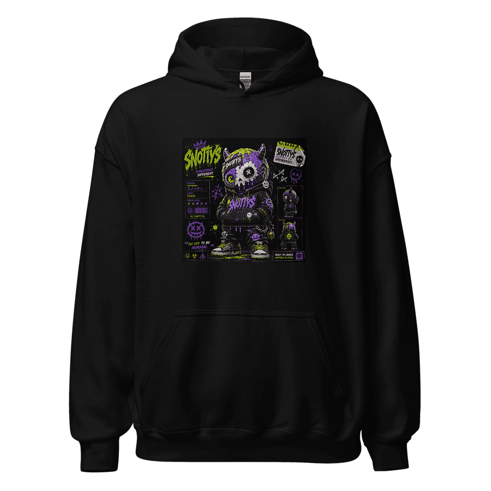 Black hoodie printed with the Notta spec sheet — Decoy Unit 02, a purple horned figure with a half skull patch