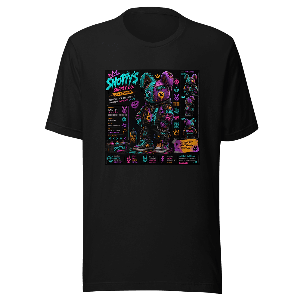 Black tee printed with a teal-and-purple patchwork bunny figure with button eyes and a chain necklace