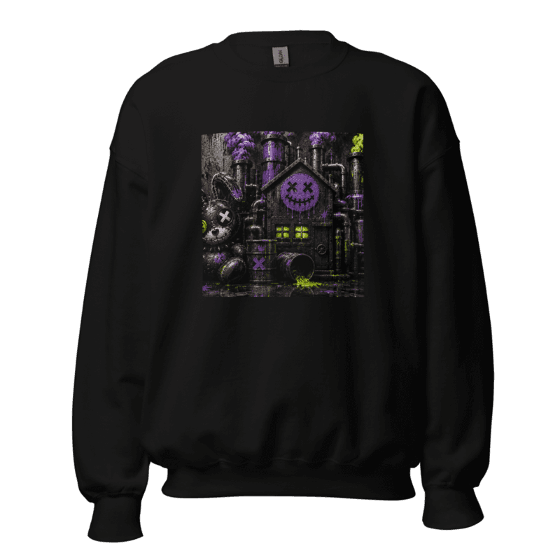 Purple and lime drip factory scene with black stitched bunny