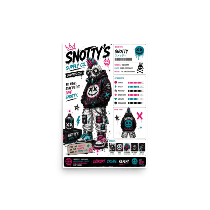 Matte 12×18 poster of the cyan-and-pink mohawk gas-mask Rebel Specialist spec sheet