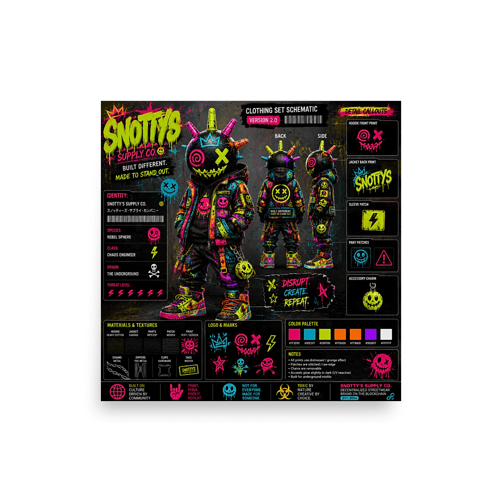 Matte wall poster of the neon Rebel Sphere clothing-set schematic