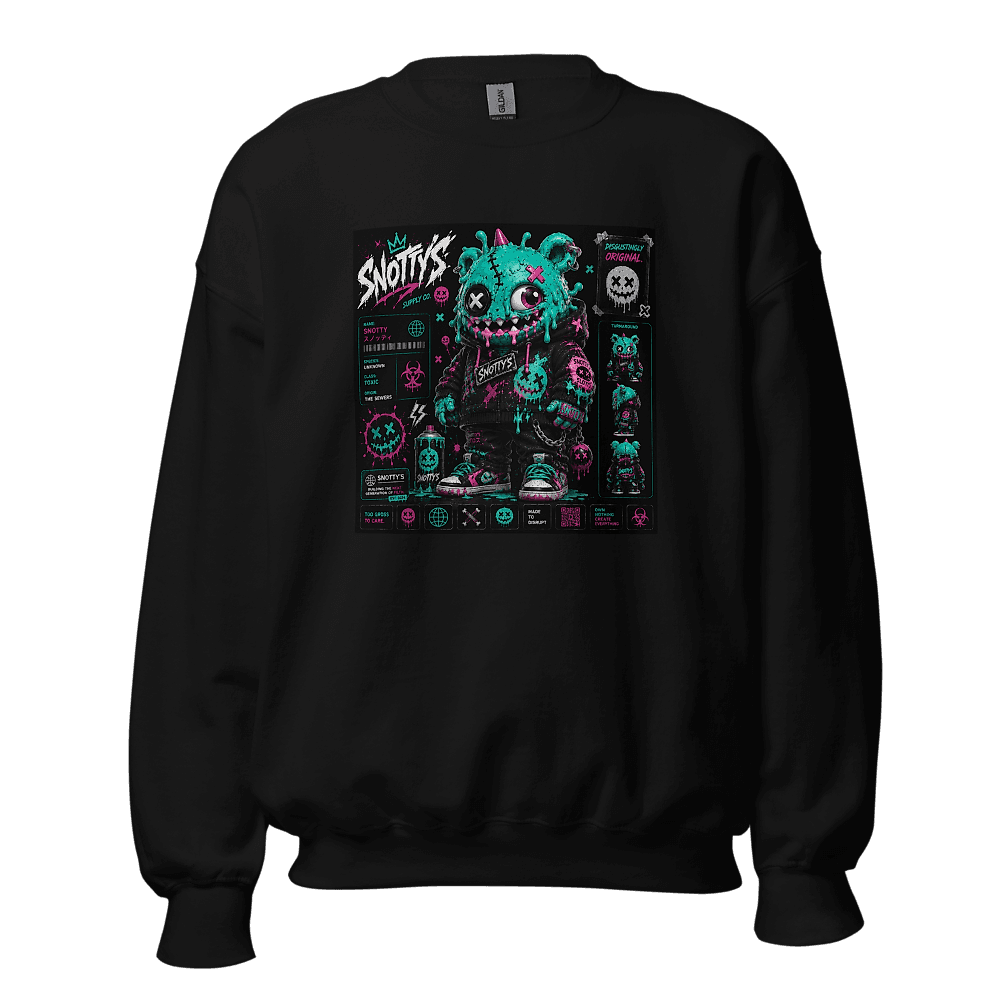 Black crewneck printed with a teal slime-covered bear figure with one X eye, captioned Disgustingly Original