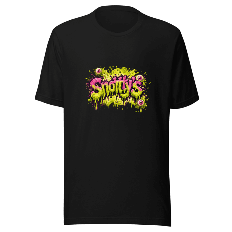 Snotty's wordmark rendered in dripping pink and lime slime with eyeballs