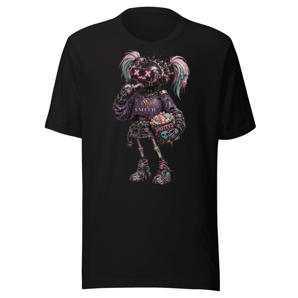 Black tee printed with a pink-and-teal pigtailed punk in a spiked VR visor and a purple sweater carrying the gold Smith App Studio logo, hugging a SNOTTY'S candy bucket; the back carries the full gold Smith App Studio logo