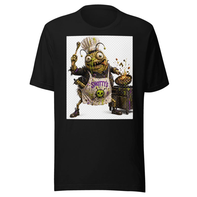Sizzle, a bug chef in a stained Snotty's apron, cooking with a flaming pan