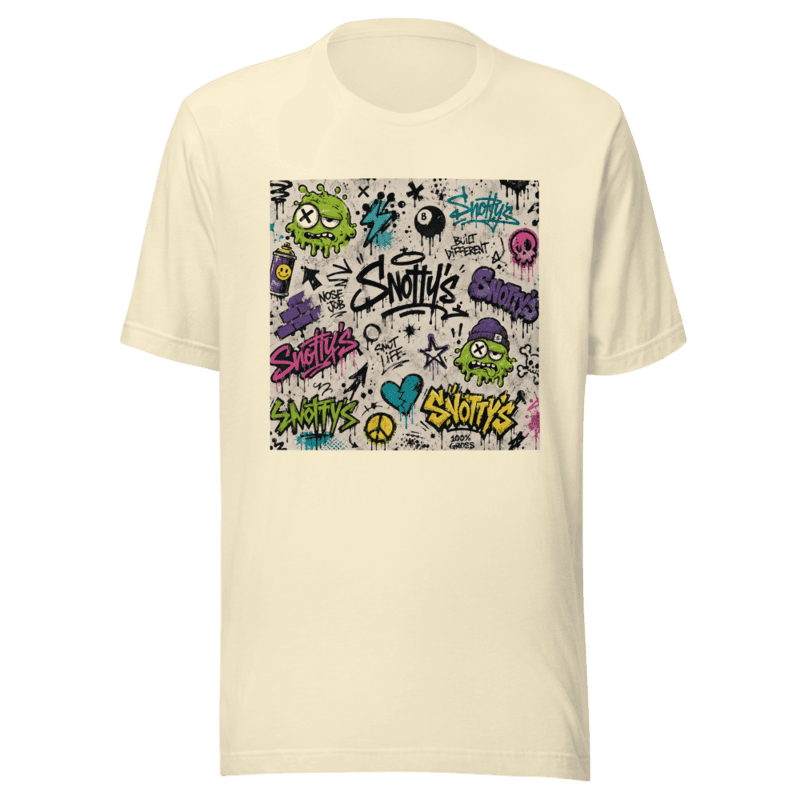Bone midweight tee with a cream graffiti collage — SNOT LIFE, NOSE JOB, 100% GROSS, and drip monsters