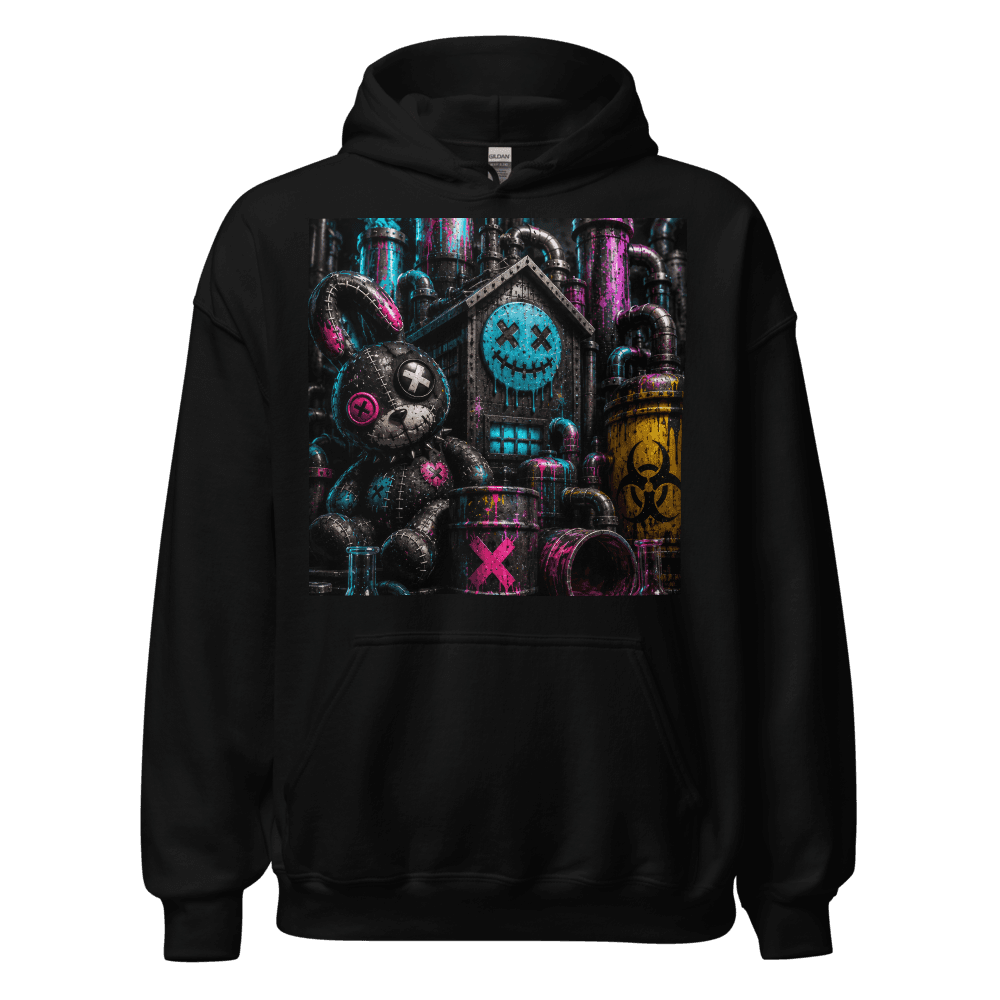 Black hoodie printed with a pink-and-cyan photoreal factory scene — stitched bunny, cyan smiley house, and a yellow biohazard tank
