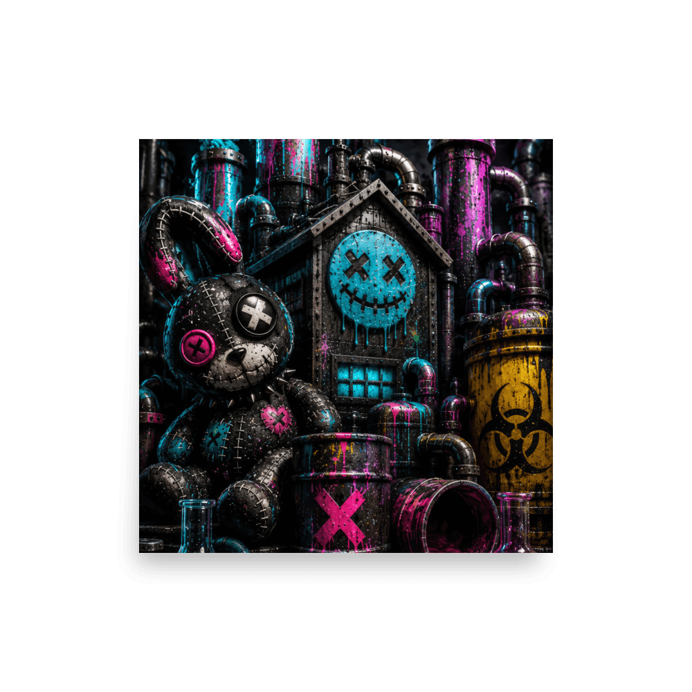 Matte square poster of the pink-and-cyan factory scene with stitched bunny and yellow biohazard tank