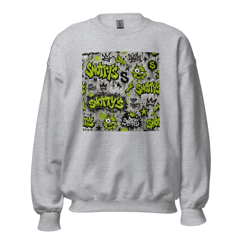 Grey heavyweight crewneck covered in toxic-green Snotty's graffiti — STAY SNOTTY, KEEP IT SNOTTY, and drip monsters