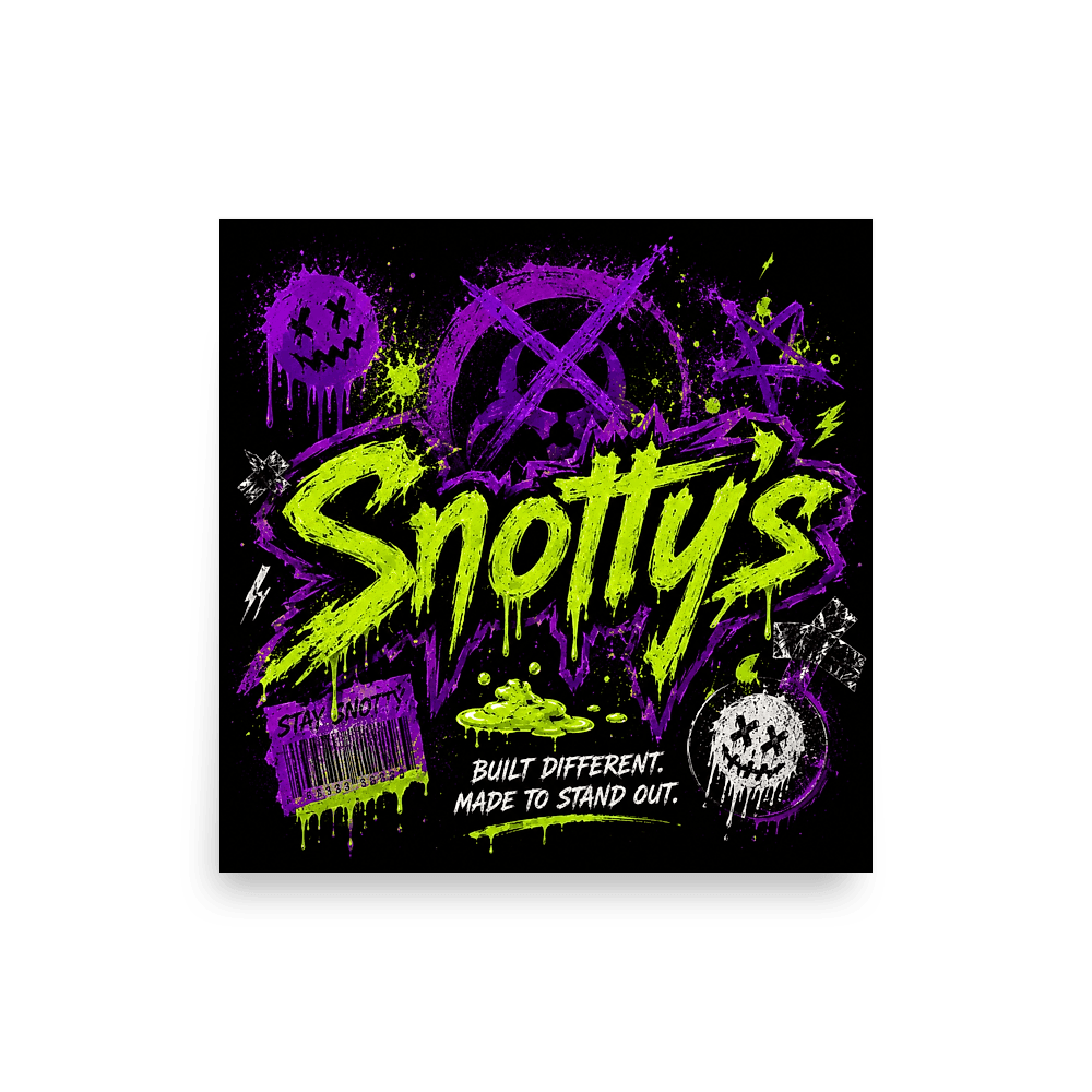 Matte wall poster of the Stay Snotty lime-and-purple wordmark
