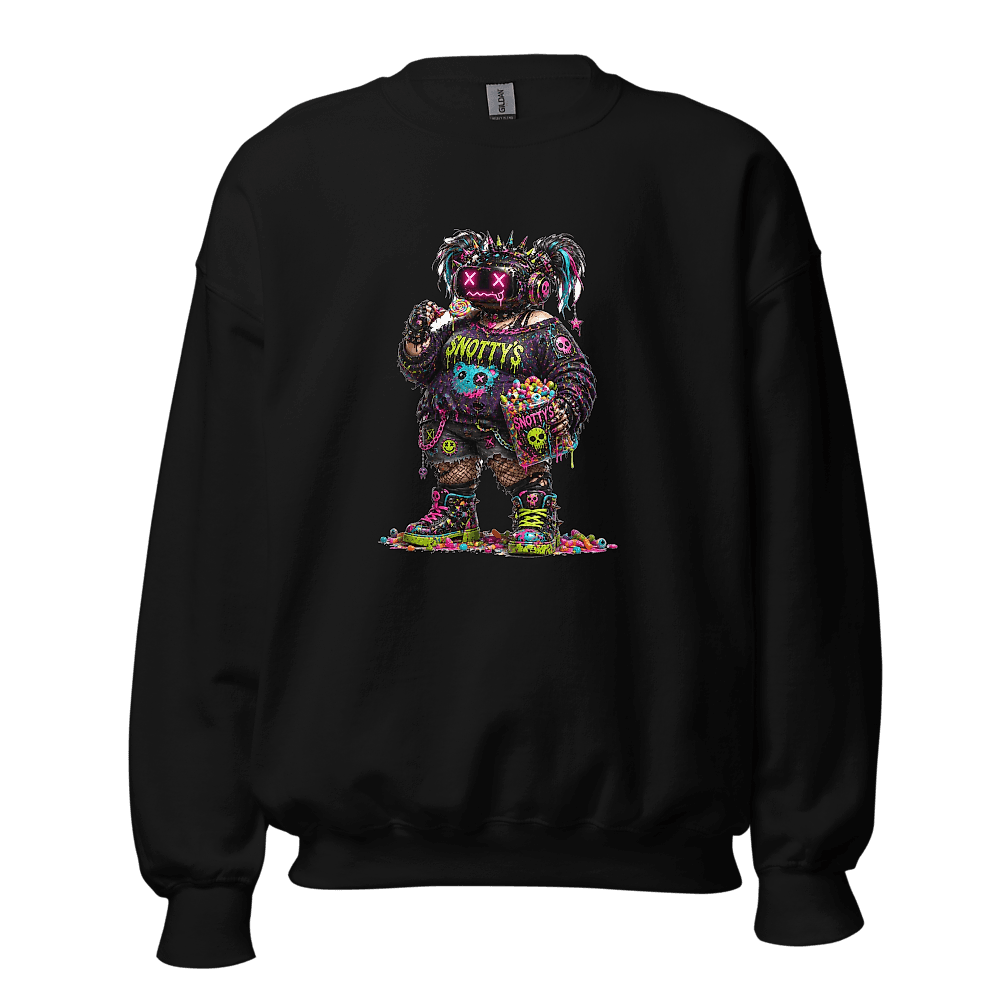 Black crewneck printed with Strobe — a visor-faced raver figure with static pigtails holding a bucket of candy