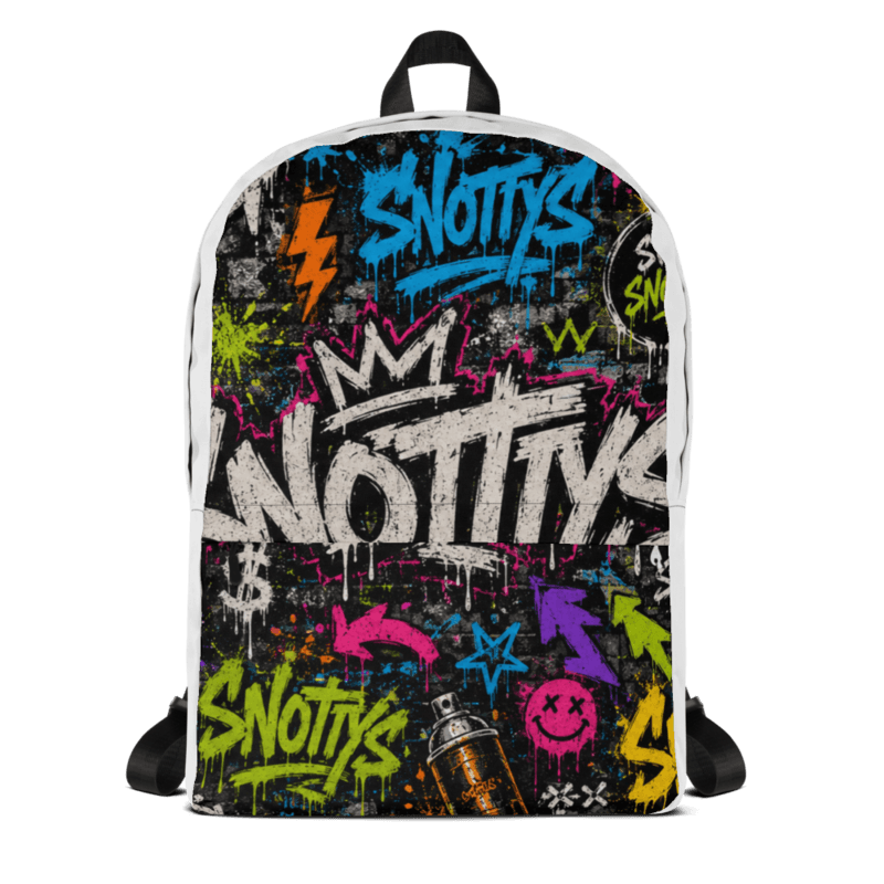 All-over-print backpack covered in neon Snotty's graffiti tags, spray cans, drip smileys, and crowns on dark brick