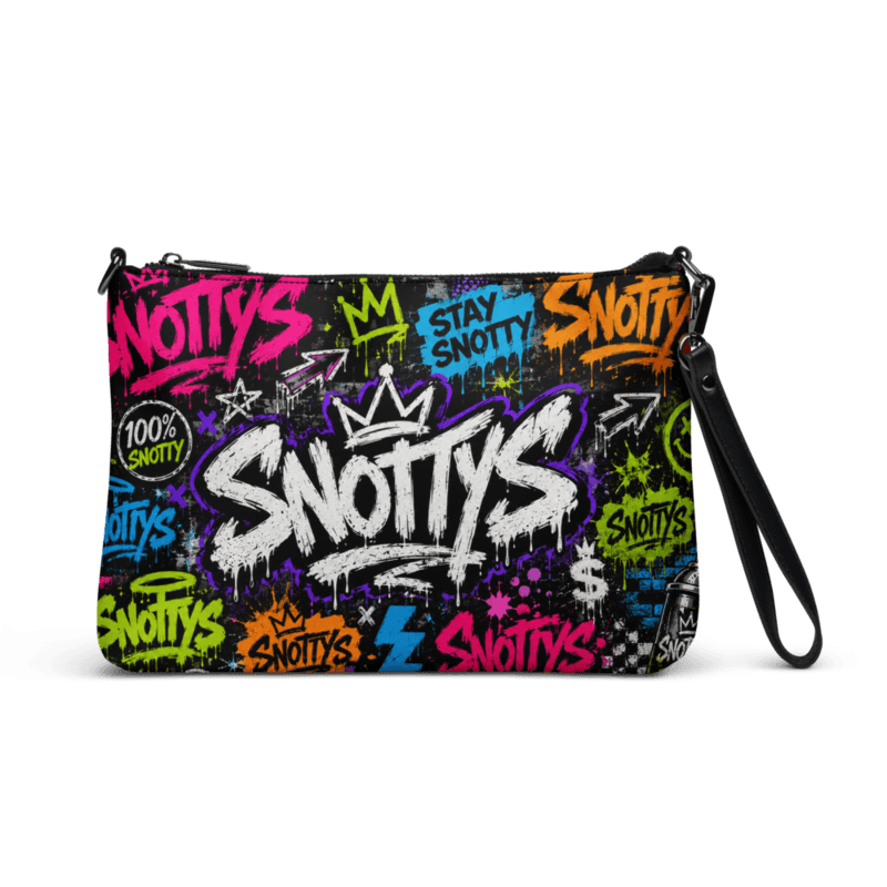 All-over-print crossbody bag covered in neon Snotty's graffiti tags and paint splatter
