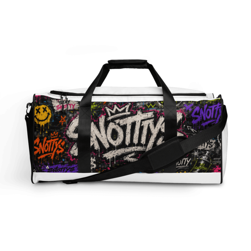 All-over-print duffle bag covered in neon Snotty's graffiti tags, spray cans, and drip smileys