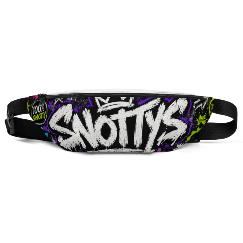 All-over-print fanny pack covered in neon Snotty's graffiti tags and a STAY SNOTTY spray banner