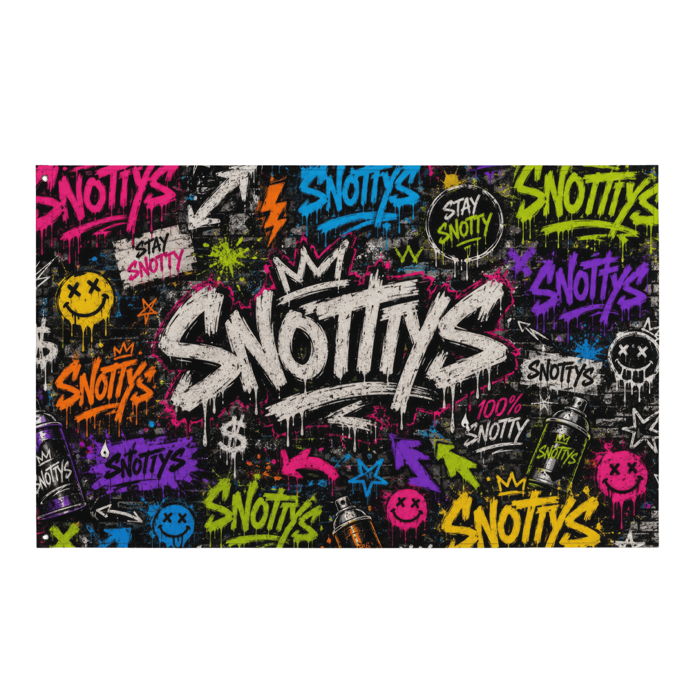 Wall flag printed edge to edge with the neon Snotty's graffiti tag wall and spray cans