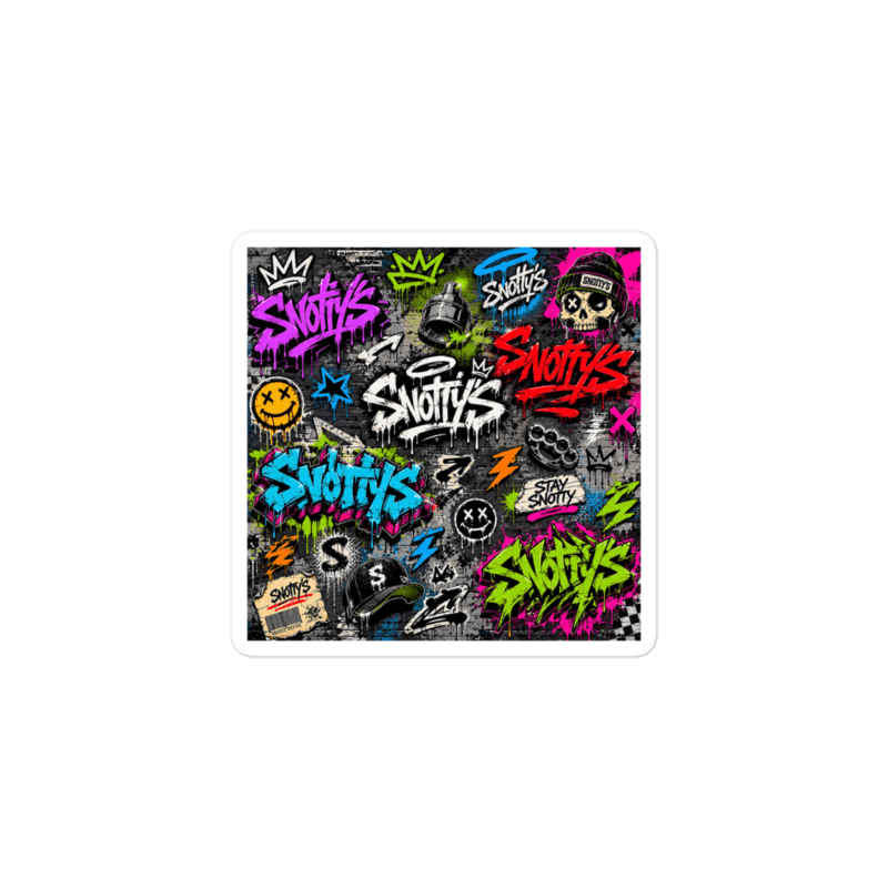 Kiss-cut sticker sheet of the neon Snotty's graffiti tags — wordmarks, crowns, drip smileys, and lightning bolts
