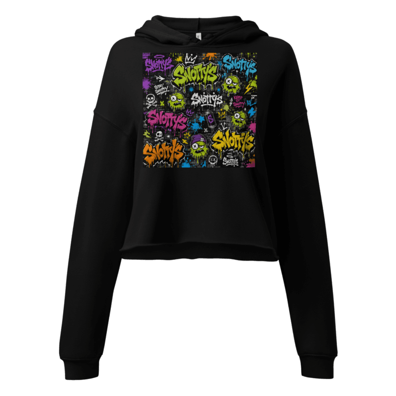 Black women's cropped hoodie with the Tag Wall print