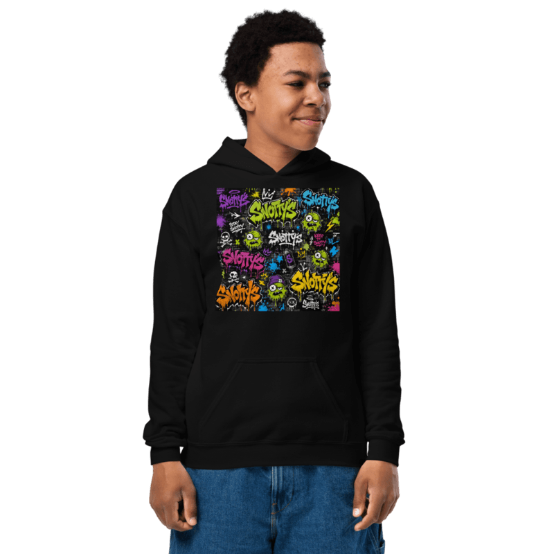Black youth hoodie with the Tag Wall print