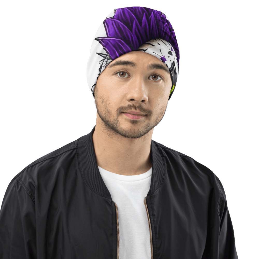 All-over print beanie with the purple-and-lime stitched Toxic Bear face