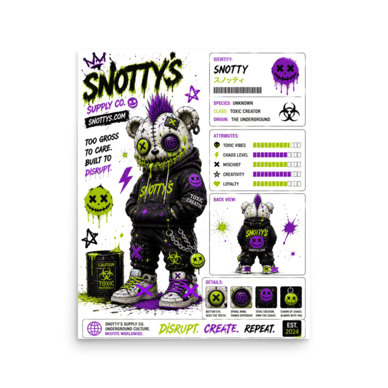 Matte 16×20 poster of the purple and lime Toxic Bear spec sheet on white