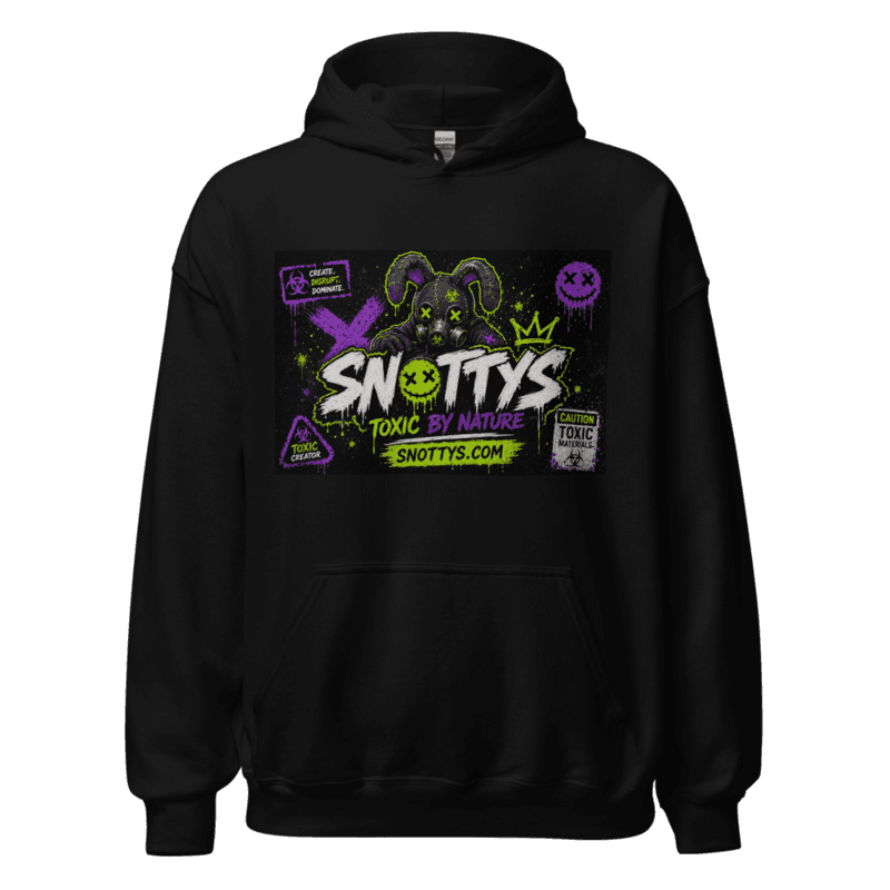 Black heavyweight hoodie with the Toxic By Nature print — a stitched gas-mask bunny over the dripping Snotty's wordmark