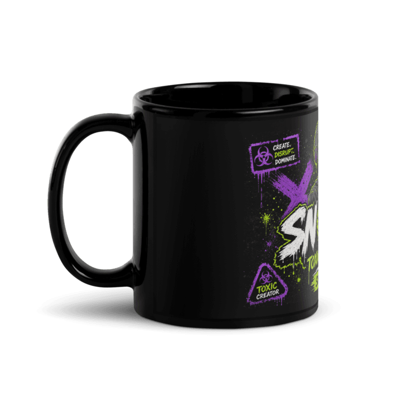Glossy ceramic mug wrapped with the Toxic By Nature gas-mask bunny banner in lime and purple