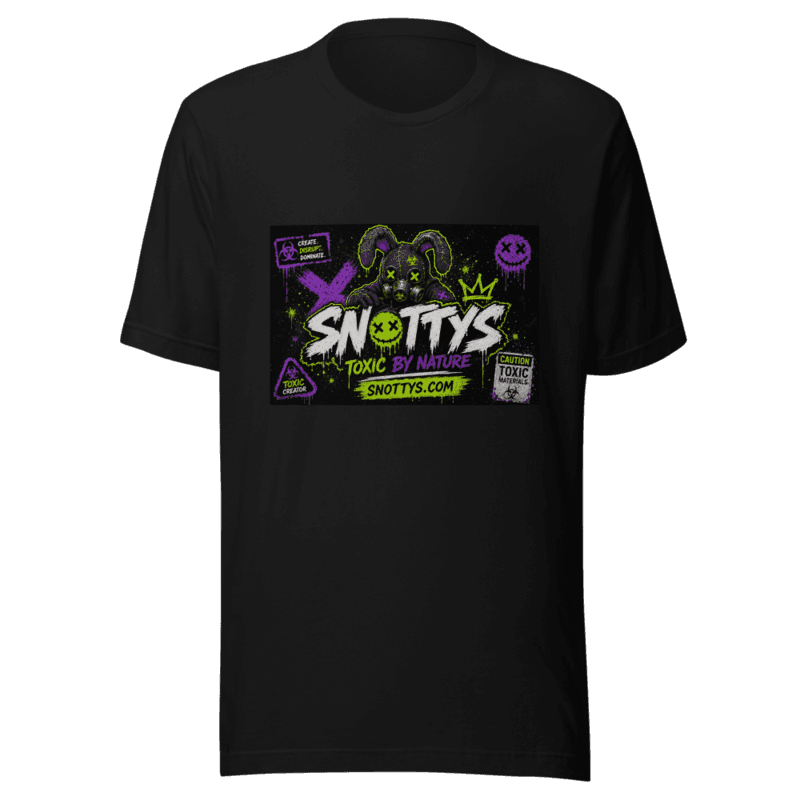 Black midweight tee with the Toxic By Nature print — a stitched gas-mask bunny over the dripping Snotty's wordmark