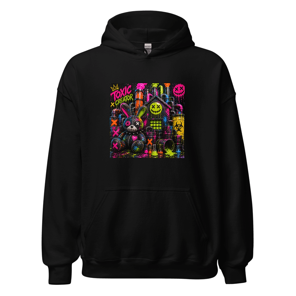 Black heavyweight hoodie with the Toxic Creator print — patchwork bunny in a neon paint-splattered toxic factory